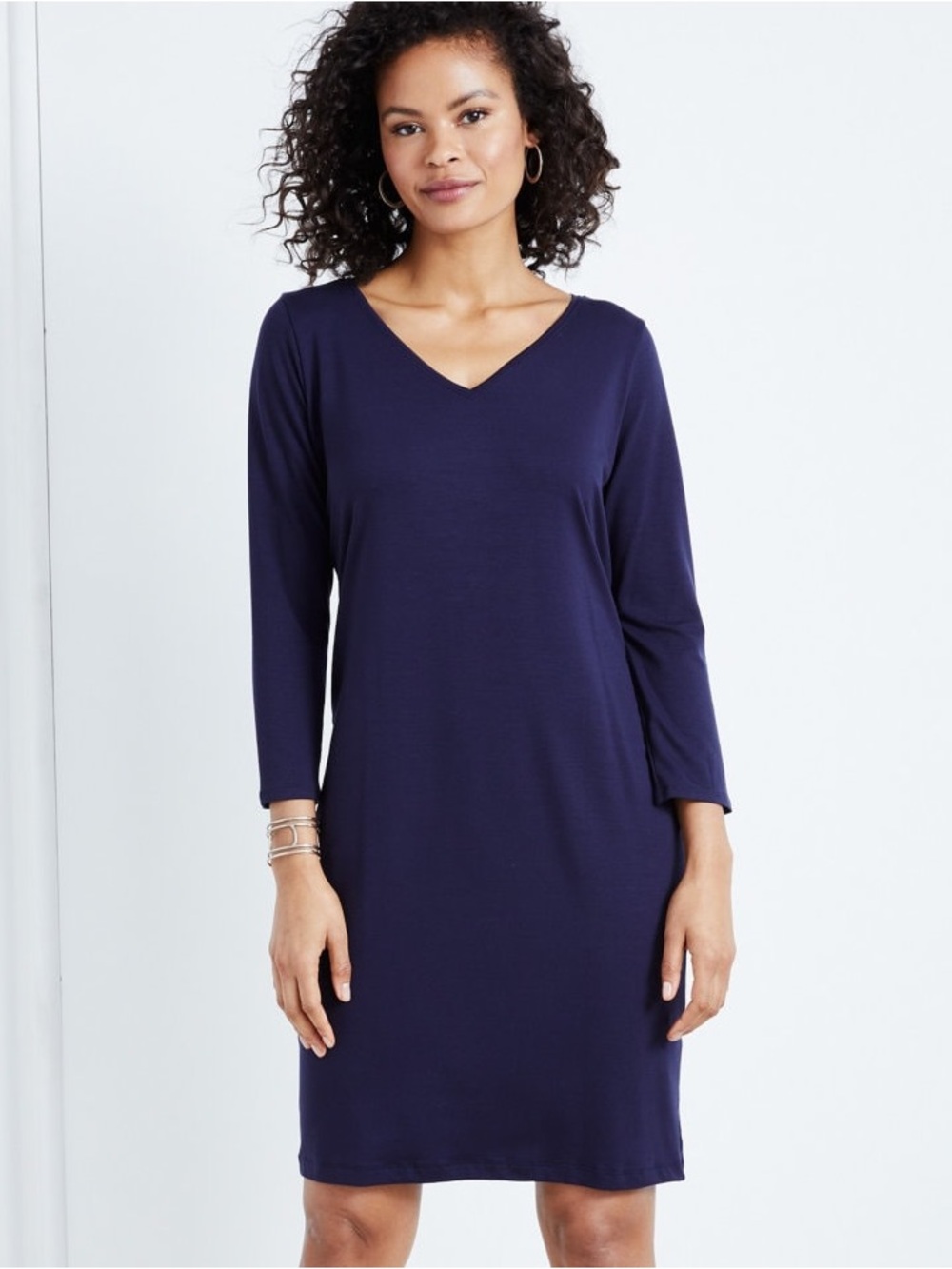 Eileen Fisher Navy V-Neck 2/3 Sleeve Shift Dress - true navy